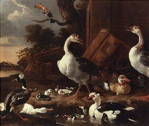 Chinese And Egyptian Geese, Muscovy Ducks, A Hoopoe, Barnyard Fowl And Other Exotic Birds In A Landscape With Classical Ruins by Melchior de Hondecoeter