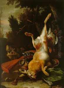 A Game Still Life With A Hung Hare, A Boar's Head, A Hung Grouse, A Musket And Other Objects In A Landscape by Melchior de Hondecoeter