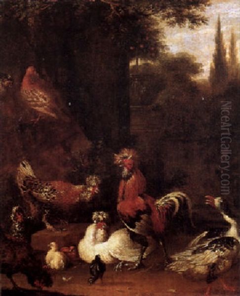 A Cock, Hen, Chickens And A Duck At The Foot Of A Tree, A Classical Garden Beyond by Melchior de Hondecoeter