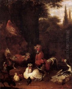 A Cock, Hen, Chickens And A Duck At The Foot Of A Tree, A Classical Garden Beyond