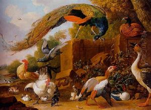 A Peacock, Ducks, A Pheasant And Other Birds By A Plinth