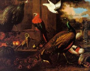 A Peacock, Guinea Fowl, Parrot, Lapwing And Other Birds In The Grounds Of A Villa by Melchior de Hondecoeter