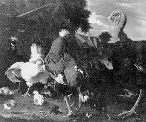 Turkey And A Cockerel, With Hens And Chicks In A Farmyard by Melchior de Hondecoeter