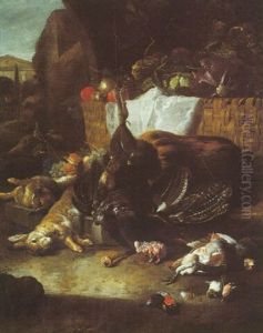 Still Life Of Game, Fruits And Vegetables, In A Landscape by Melchior de Hondecoeter