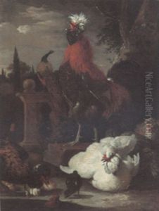 A Rooster, A Peacock, Hens And Chicks By A Pool In An Ornamental Garden