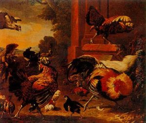 Pigeon, Chicks, Hens And Other Poultry In A Landscape by Melchior de Hondecoeter