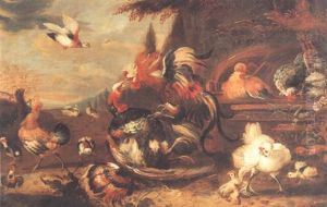 A Cock And Turkey Fighting In A Farmyard With Other Poultry by Melchior de Hondecoeter