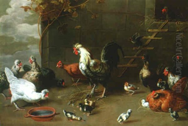 A Farmyard Scene With Guineafowl And Their Young Feeding - view 1