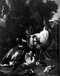 A Cockerell, Ducks And Duckings In A Farmyard