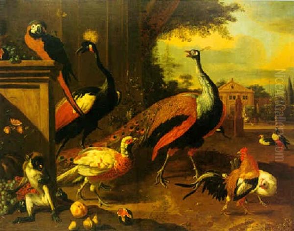 A Peacock And Peahen With A Monkey And Other Birds In A Park - view 1