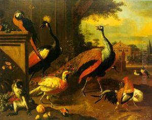A Peacock And Peahen With A Monkey And Other Birds In A Park by Melchior de Hondecoeter
