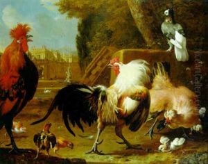 Cockerels Fighting Over A Hen And Chicks In A Garden by Melchior de Hondecoeter
