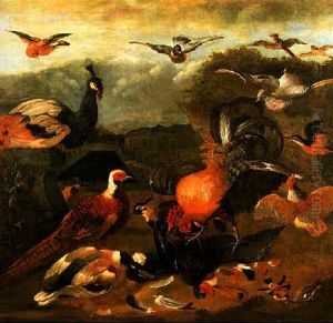 A Cockerel, Peacock, Pheasant And Other Birds In A Formal Garden by Melchior de Hondecoeter