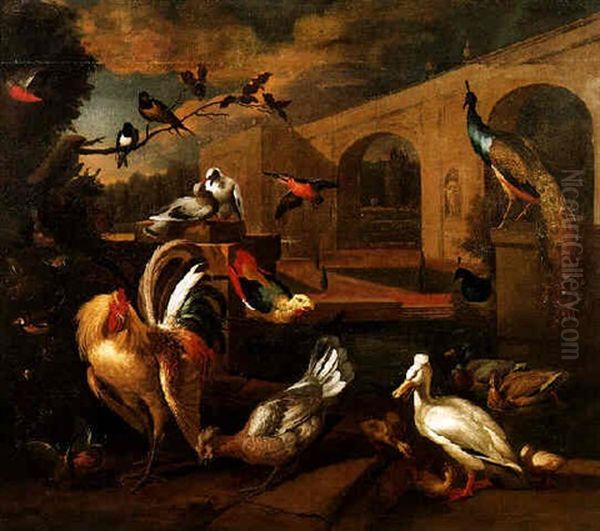 A Cockerel, Hen, Tufted Duck And Other Birds In A Formal Garden - view 1
