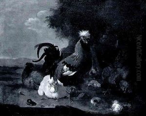 A Cockerel, Hen And Chicks In A Landscape
