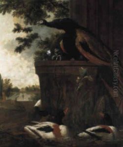 A Peacock On A Plinth And Ducks In A Lily Pond Near An Ornamental Lake