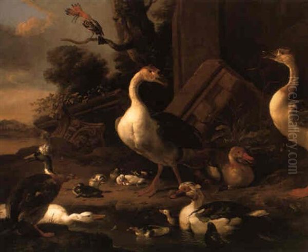 Chinese And Egyptian Geese, A Muscovy Duck And A Hoopoe In A Landscape - view 1