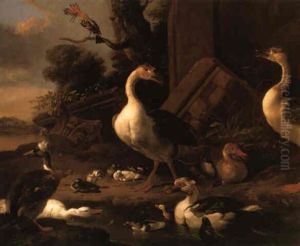 Chinese And Egyptian Geese, A Muscovy Duck And A Hoopoe In A Landscape
