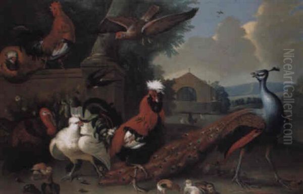 Cockerels, Hens And Chicks, A Peacock And Other Birds In A Landscape - view 1