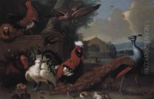 Cockerels, Hens And Chicks, A Peacock And Other Birds In A Landscape