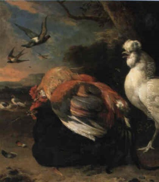 Hahn Mit Hennen Und Fliegenden Vogeln - view 1