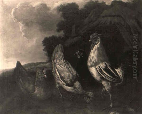 A Cockerel And Hens In A Landscape, A Farmhouse Beyond - view 1