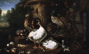 A Peacock And Other Exotic Birds In Elaborate Parkland Setting by Melchior de Hondecoeter