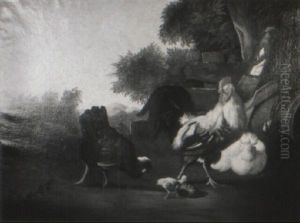 Rooster, Hens And Chicks In A Farmyard Landscape by Melchior de Hondecoeter