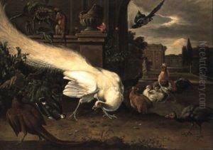 Various Birds And A Monkey In A Garden Setting by Melchior de Hondecoeter