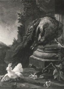 A Peacock And Other Wildfowl At The Base Of A Column