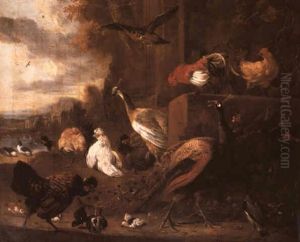 A Peacock With Poultry, A Lapwing And A Bird Of Prey In A   Garden Setting by Melchior de Hondecoeter