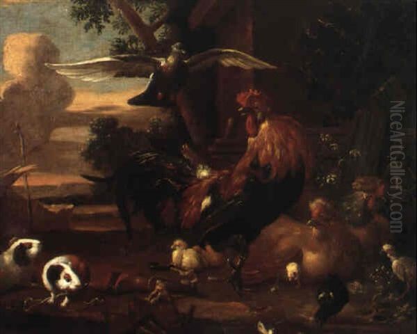 Rooster, Guinea Pigs And Wild Fowl In A Landscape - view 1