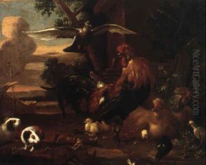 Rooster, Guinea Pigs And Wild Fowl In A Landscape by Melchior de Hondecoeter