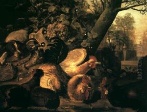 A Spaniel Startling Chickens And Cockerels In A Formal Garden by Melchior de Hondecoeter