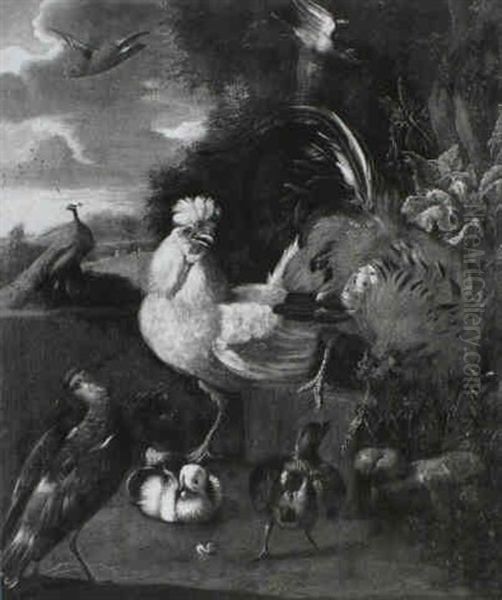 A Peacock With Poultry And Other Birds In A Landscape - view 1