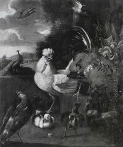A Peacock With Poultry And Other Birds In A Landscape by Melchior de Hondecoeter