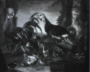 Huhnerpaar Und Auerhahnpaar Mit Kuken by Melchior de Hondecoeter