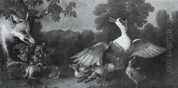 A Fox Surprising Ducks On A Pond - view 1