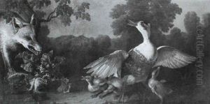 A Fox Surprising Ducks On A Pond by Melchior de Hondecoeter