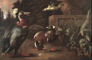 A Drake And A Duck Beside A Stone Plinth, A Golden Oriel    Flying Overhead And A Landscape Beyond