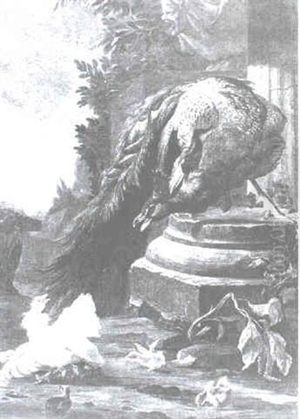 A Peacock And Other Wildfowl At The Base Of A Column - view 1