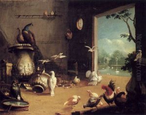 Chickens With Turkeys, A Peacock, A Peahen And Other Birds  In A Barn, A View To A Park Beyond by Melchior de Hondecoeter
