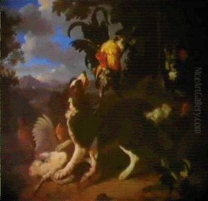 Animale Da Cortile E Cane Su Sfondo Di Paesaggio Animale Da Cortile E Cane Su Sfondo Di Paesaggio