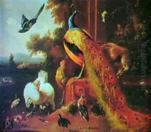 A Peacock And A Peahen With Two Cockerels And Other Birds In A Landscape