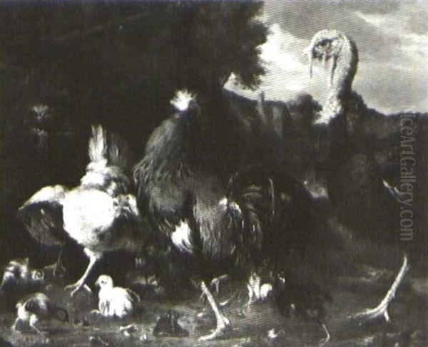 A Turkey And Other Fowl In A Barnyard - view 1