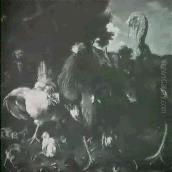 A Turkey, A Hen, Roosters, And Chicks In A Barnyard - view 1
