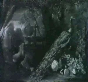 Coq, Poule, Lapin, Cochons D'inde Et Paon Dans Un Paysage Fleuri Coq, Poule, Lapin, Cochons D'inde Et Paon Dans Un Paysage Fleuri