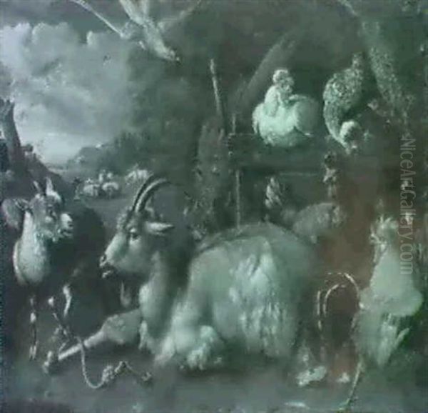 Goats Resting Near A Wooden Fence, With Chickens Nearby,    A Hedsman And Sleep In The Background. - view 1
