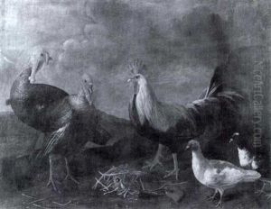 Rooster, Pigeons And Turkeys In A Landscape Rooster, Pigeons And Turkeys In A Landscape