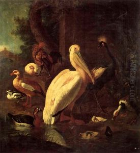A Pelican,heron,rooster And Various Ducks By A Stream A Pelican,heron,rooster And Various Ducks By A Stream